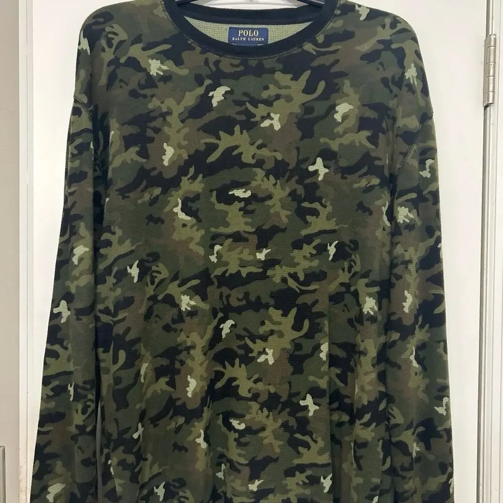 Polo Ralph Lauren Fitted Camo Waffle Knit Thermal Shirt XL Y2K Grunge Streetwear